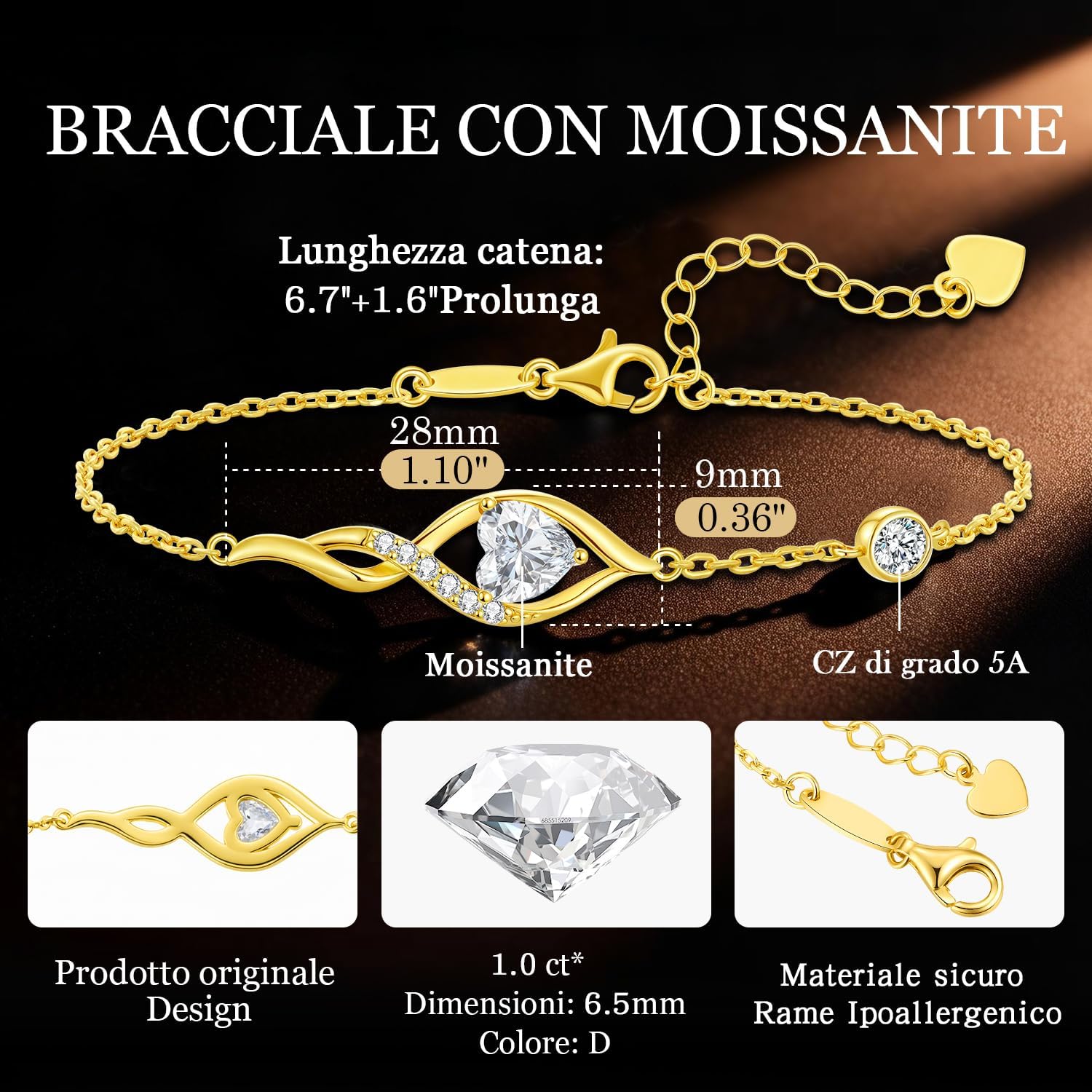 Detalle de Louisa Secret Bracciale Donna con Moissanite D-VVS1, Simbolo Infinito e Rivestimento in Oro 18K