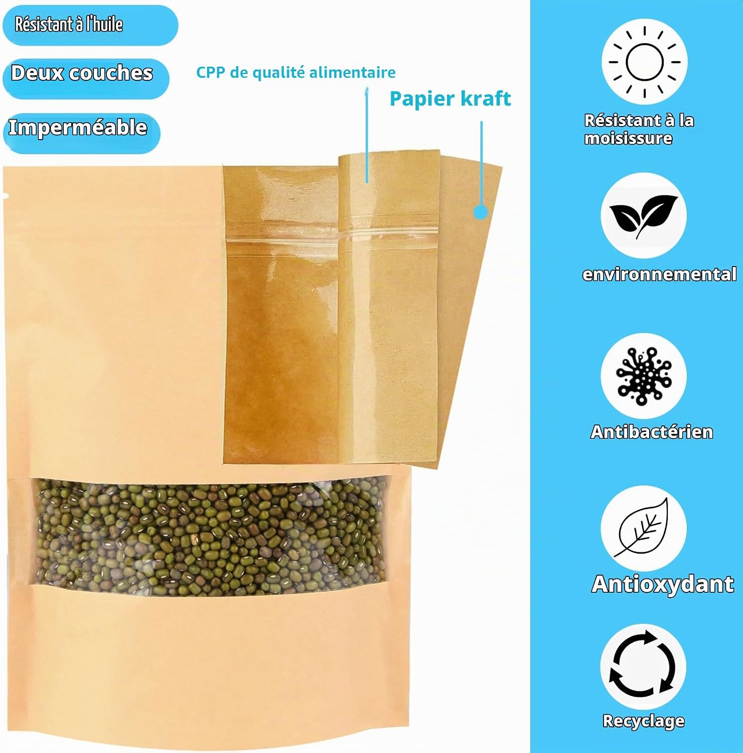 Detalle de SWIHELP Kraft20x30 voedselzakken met venster, zip en kraftpapier, 200 stuks