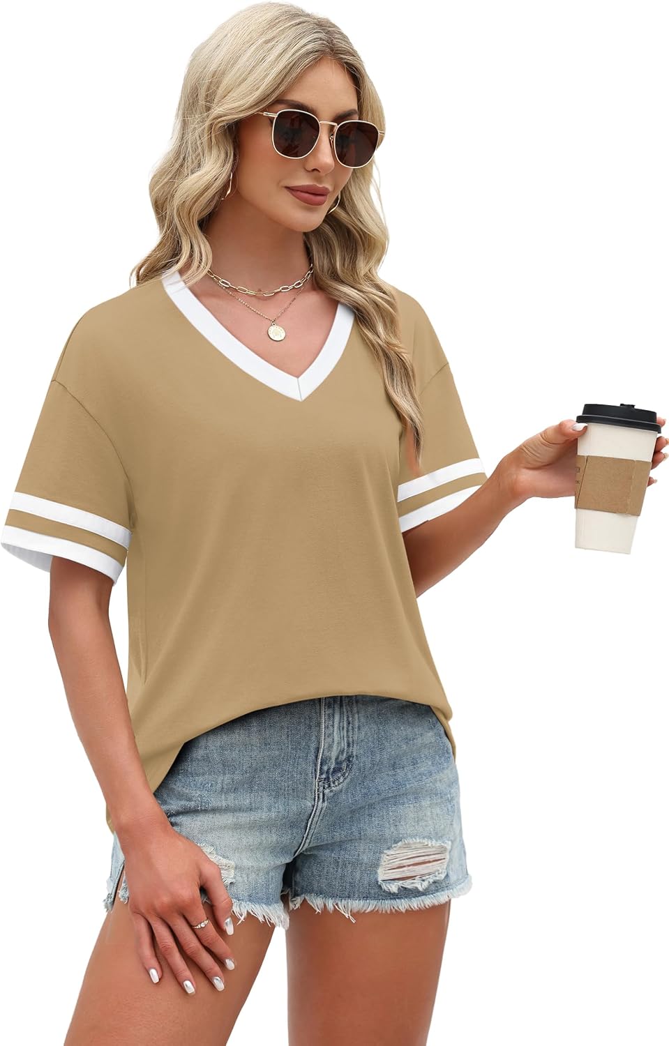 Detalle de WIHOLL Women's Loose Fit V-Neck Color Block T-Shirts (S-4XL)