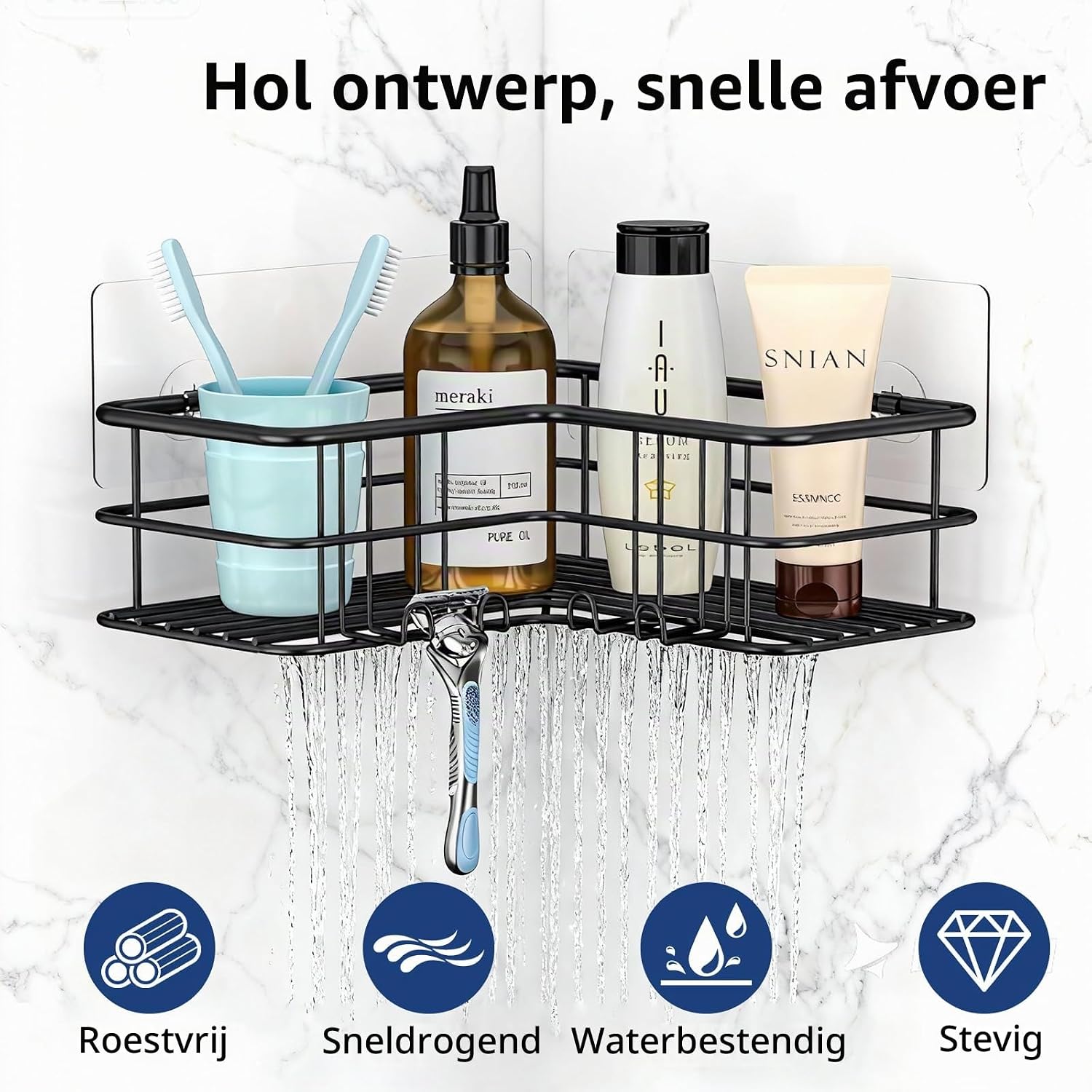 Thumbnail 1 de Menbyci hoekdouchecaddy, 2-delig met 8 haken van 304 roestvrij staal