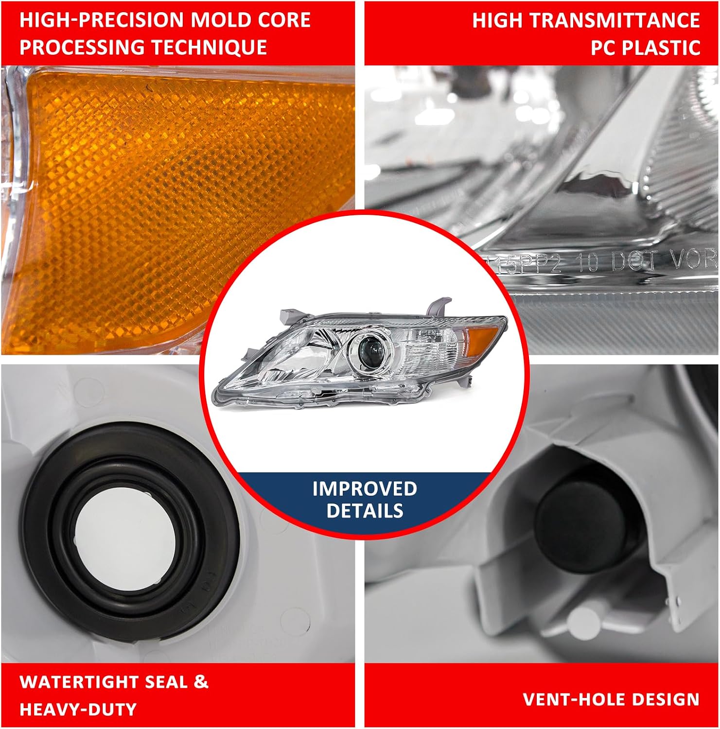 Thumbnail 6 de ADCARLIGHTS Compatible Headlights for 2010–2011 Toyota Camry (Chrome Housing, Amber Reflector, Clear Lens) — Driver & Passenger Side (W/O Bulbs)