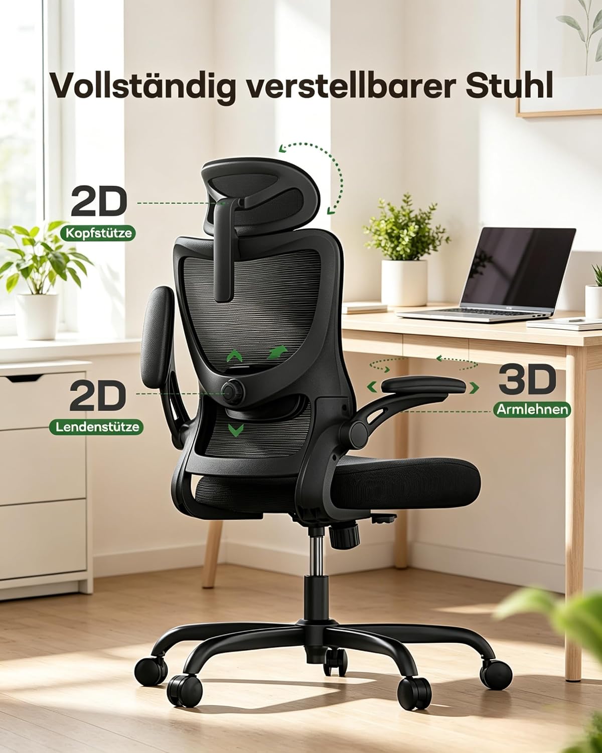Detalle de Marsail Bürostuhl Ergonomisch – 2D Kopfstütze, 2D-Lendenwirbelstütze, 3D-Armlehnen und 8 cm Sitzkissen