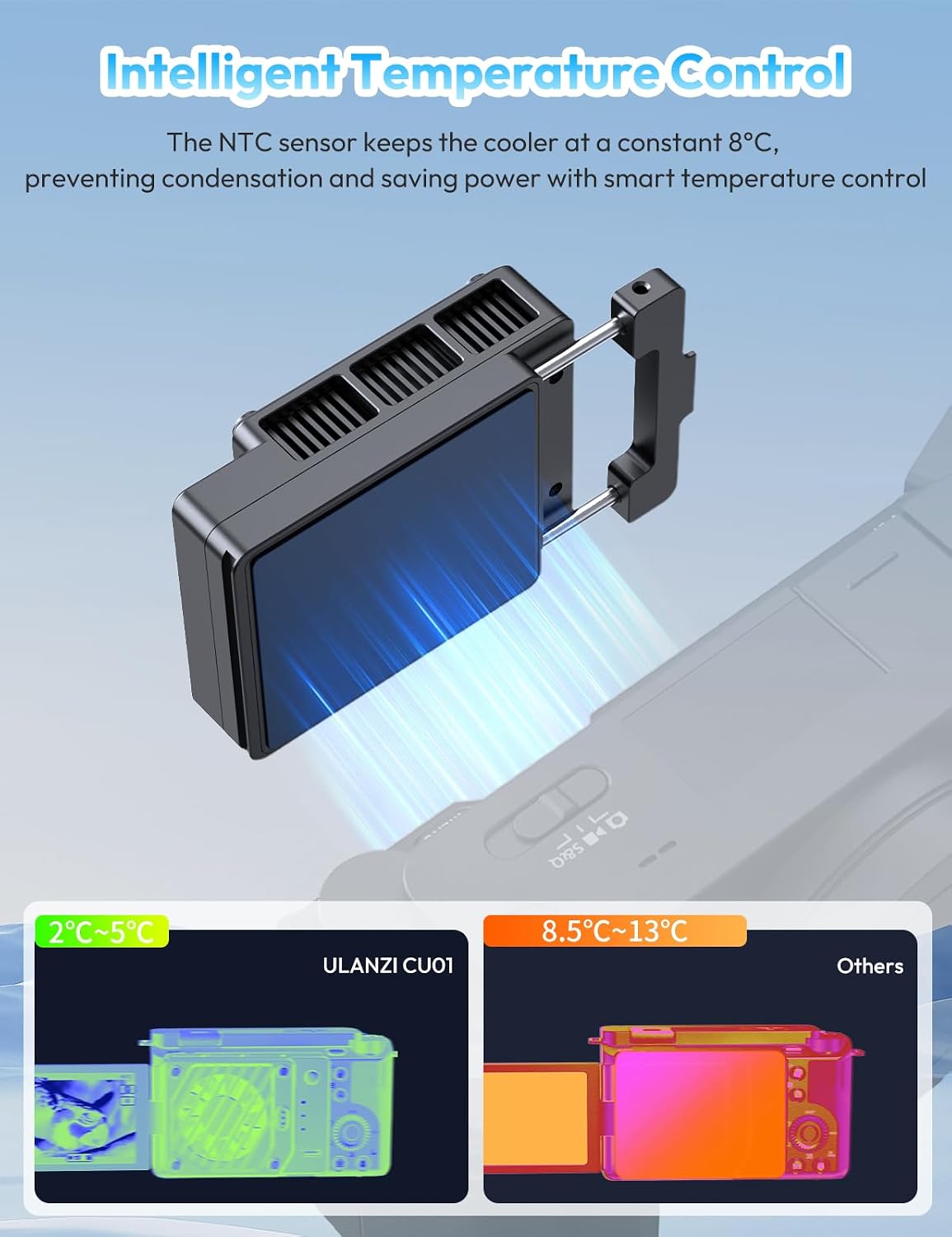 Detalle de ULANZI CU01 : refroidisseur pour appareil photo avec ventilateur, batterie 3300 mAh et charge USB Type-C