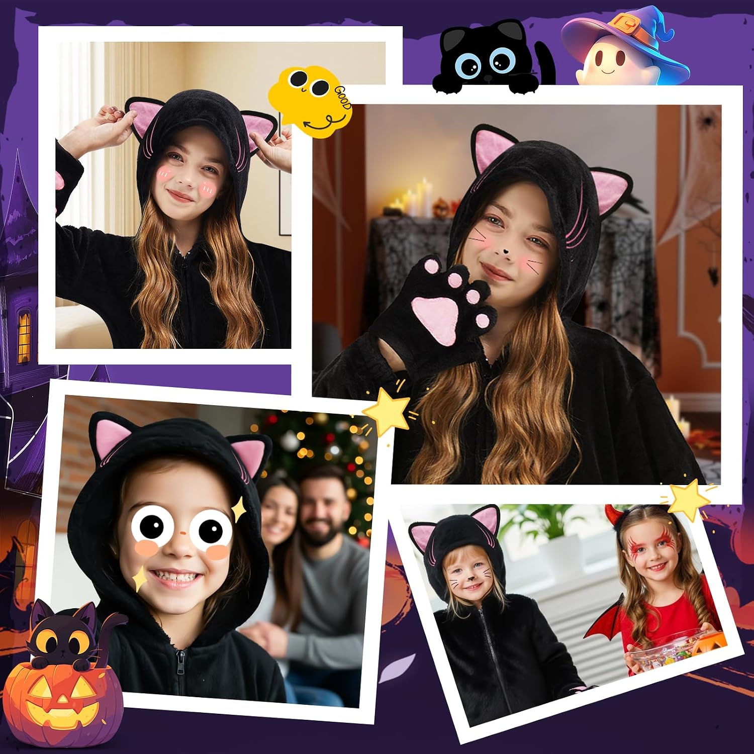 Detalle de GKTZ COS Black Cat Costume Onesie, Size S, Flannel with Cat Ears and Tail