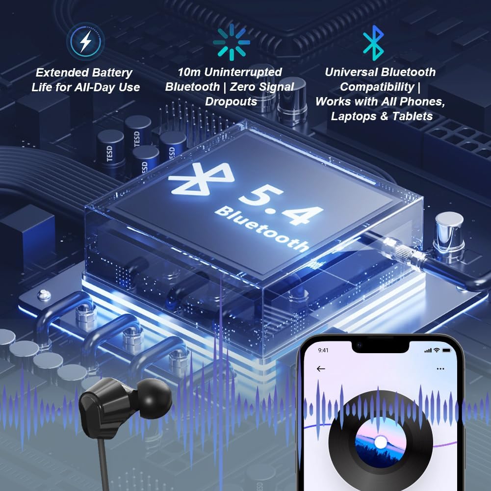 Detalle 2 de Caijin Cuffie Bluetooth sportive a collo con cavo e archett o: suono, comfort e resistenza IPX6