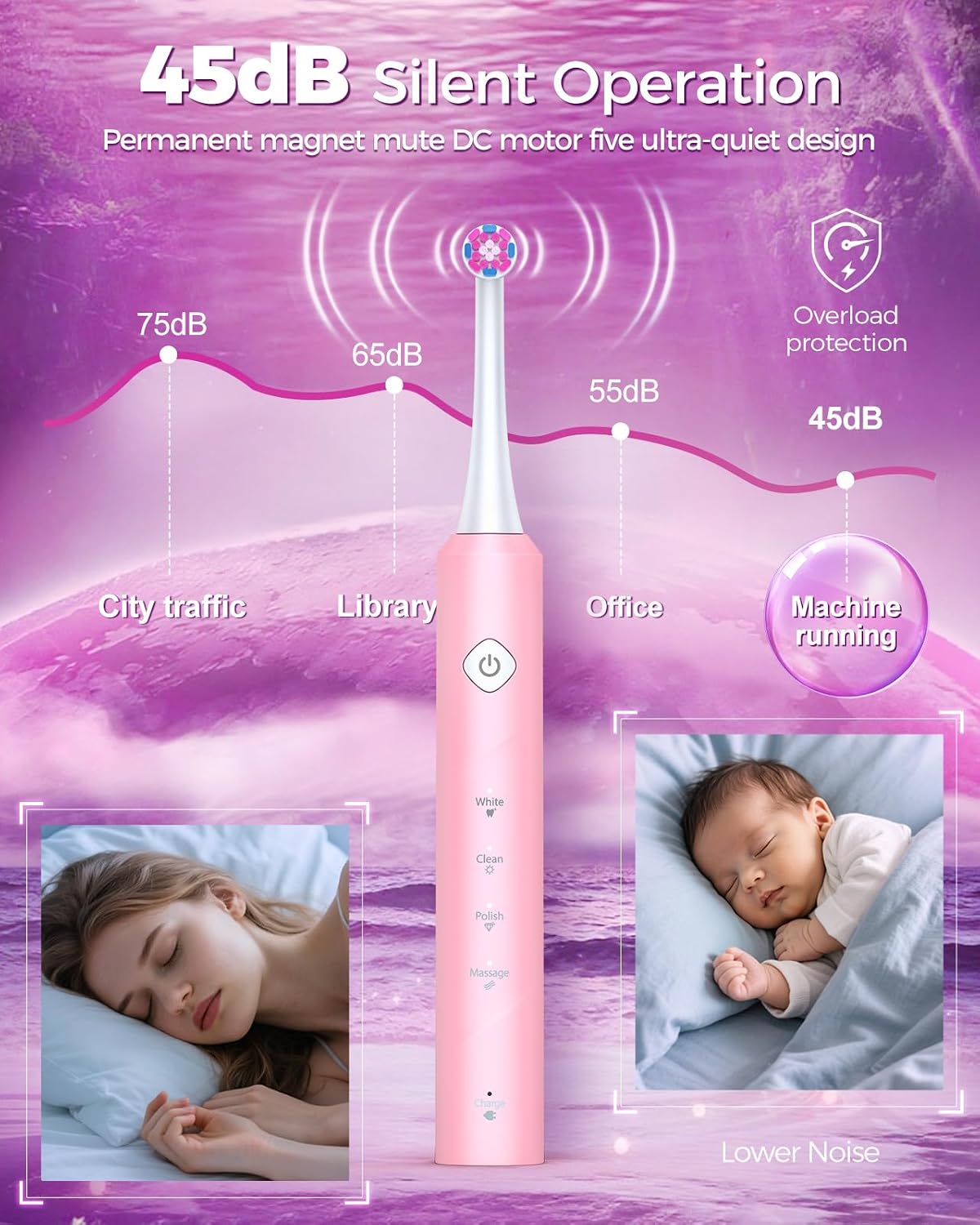 Thumbnail 4 de Rotating Electric Toothbrush for Adults with 8 Brush Heads and Wireless Charging – Pink