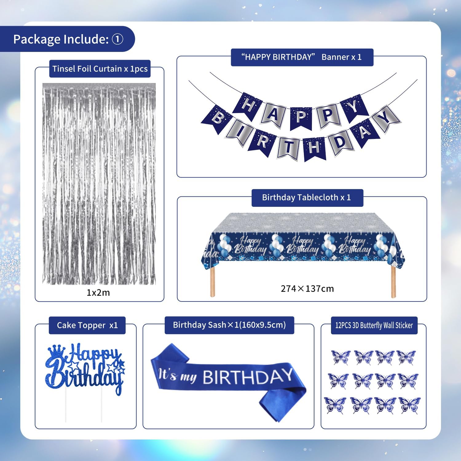 Detalle de Geburtstagsdeko Blau Silber – Komplettset für Marine-Blau-Silbernen Geburtstag