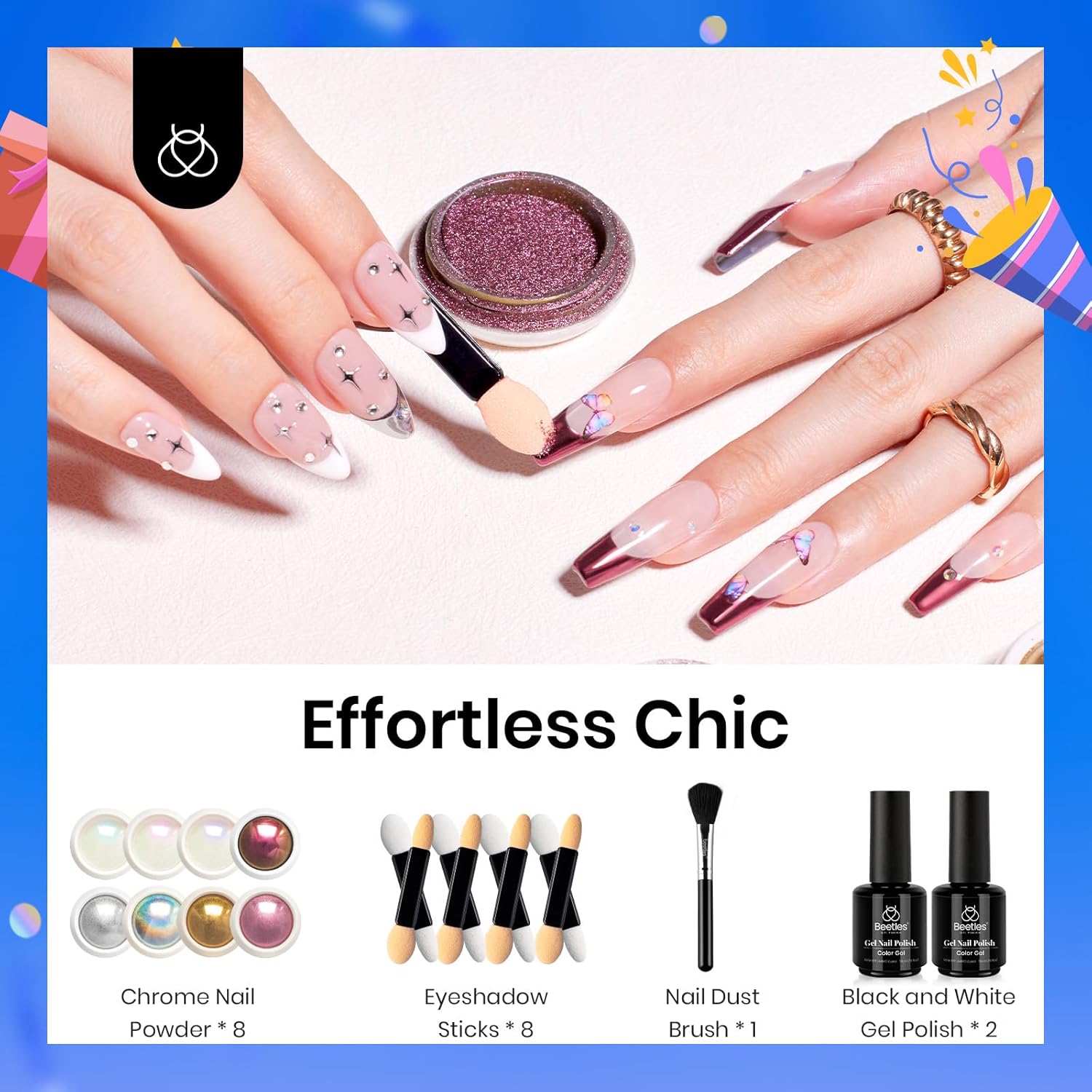 Detalle 2 de beetles Chrome Nail Powder Kit, 8 Colours with Black and White Gel Polish