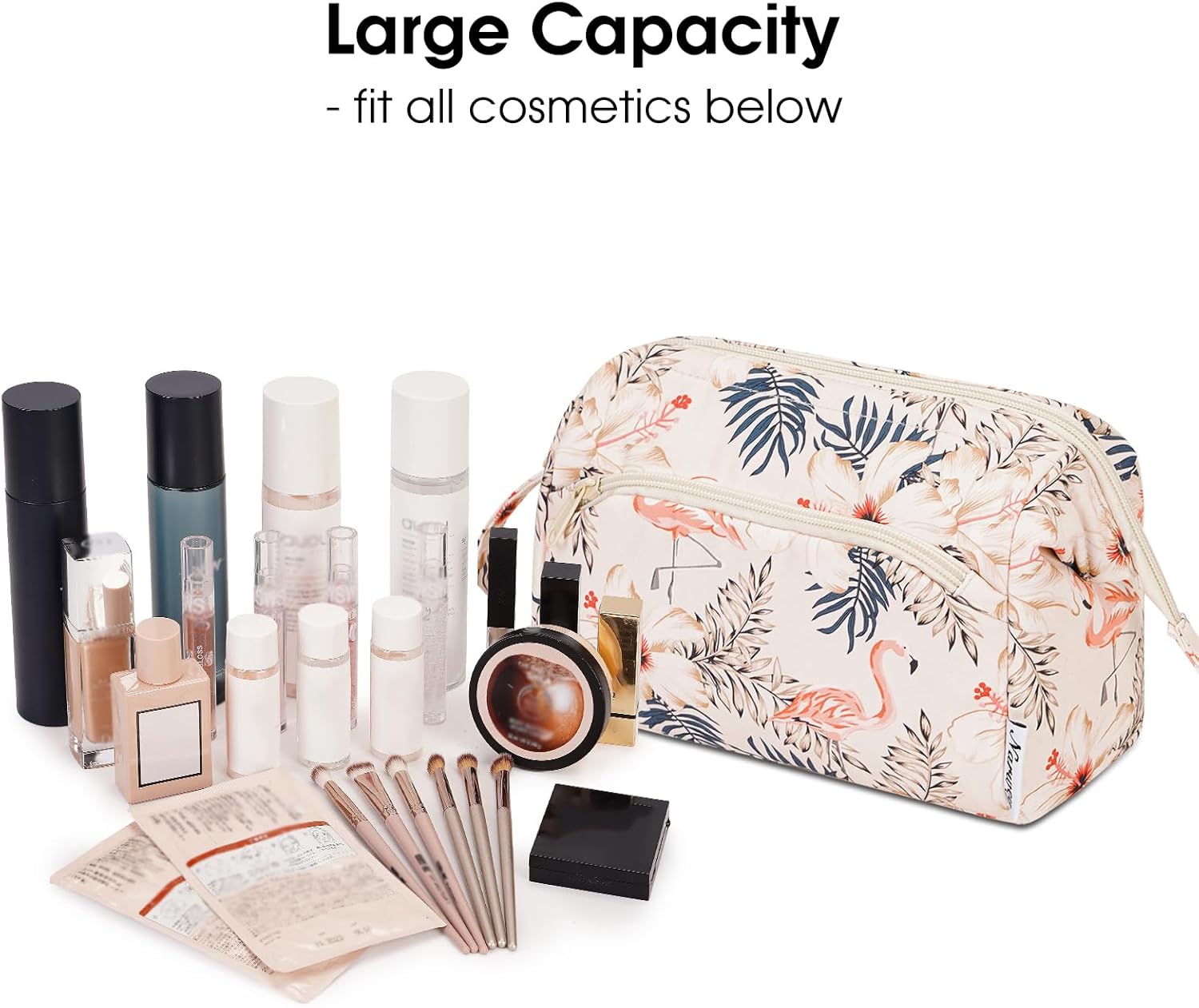 Detalle de Narwey Klein Kulturtasche Damen – Weit geöffnete Kosmetiktasche mit Fächern, Beige Flamingo