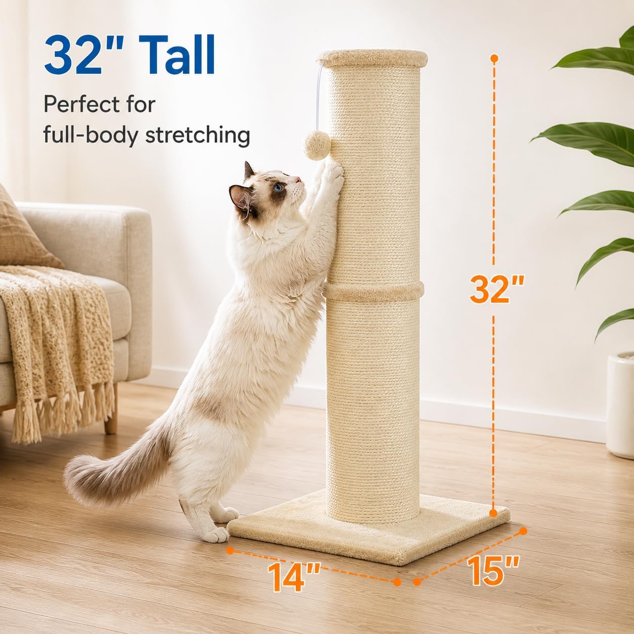 Detalle de Sisal Cat Scratching Post for Indoor Cats & Kittens — 81 cm Tall with 14 cm Diameter, Beige