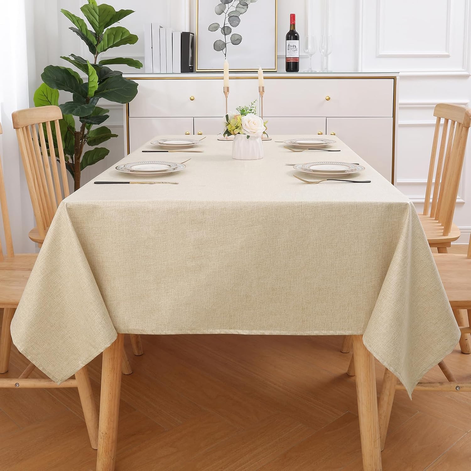 Thumbnail 5 de Homaxy Leinenoptik Tischdecke mit Lotus-Effekt, abwaschbar und wasserabweisend (beige, eckig, 140 x 300 cm)