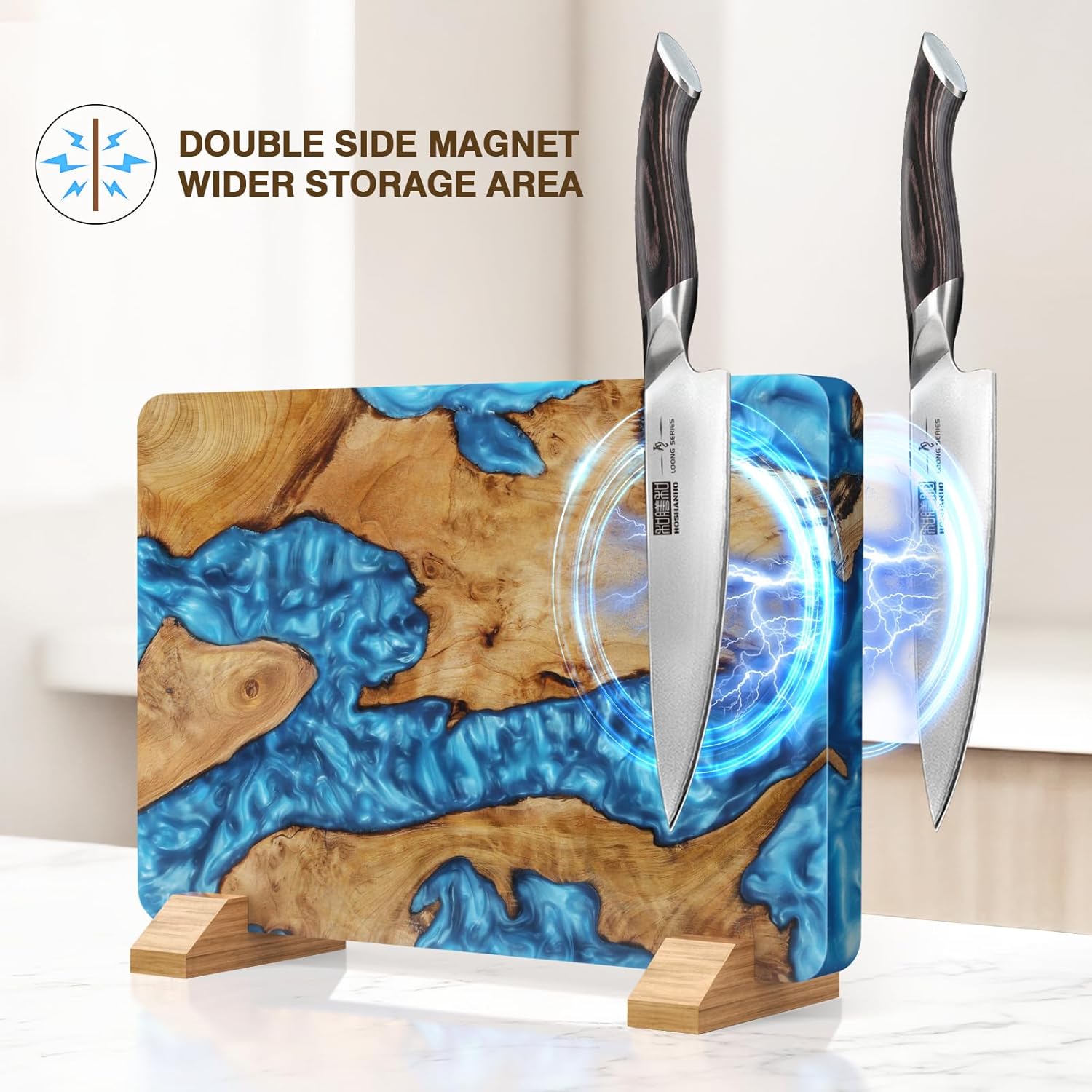 Detalle de HOSHANHO Resin Magnetic Knife Block: Double-Sided, Thick Acacia Wood Organizer