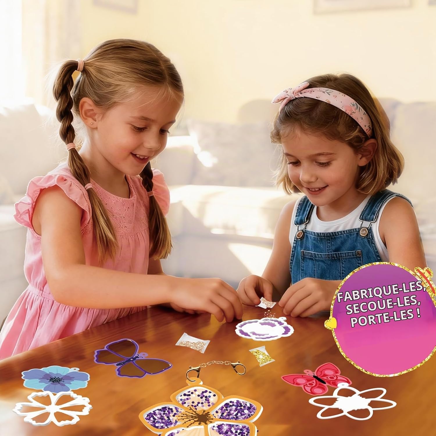 Detalle de Afufu Q9062 shaker-sleutelhangerset met glitter, bloemen en vlinders