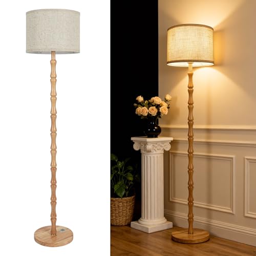 Detalle de LuminexDesigns Lámpara de Pie de Madera Vintage – Roble Natural con Pantalla de Lino Beige