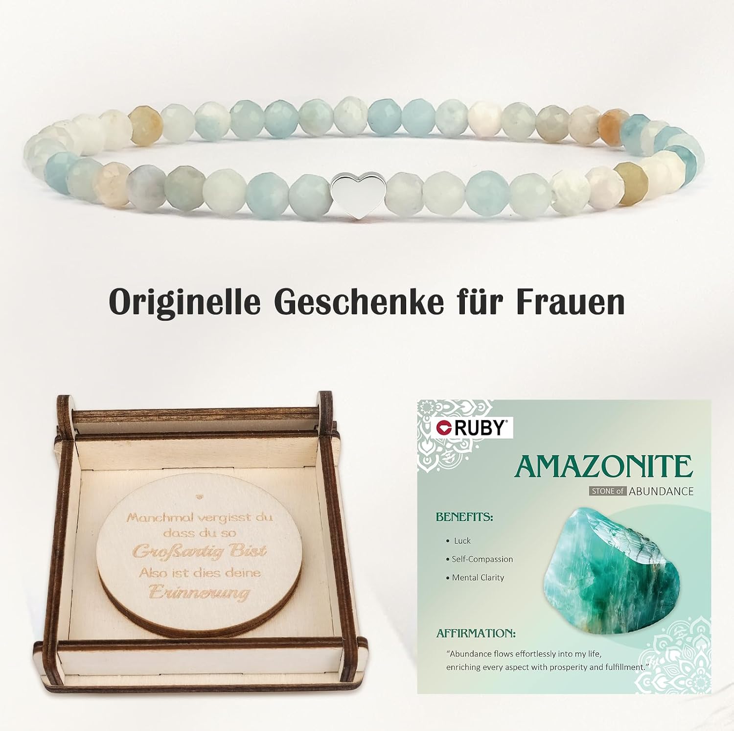 Detalle 2 de RUBY Edelstein-Perlenarmband für Frauen mit 4-mm-Perlen und 18K vergoldetem Edelstahlherz (elastisch, im Geschenkbox-Set)