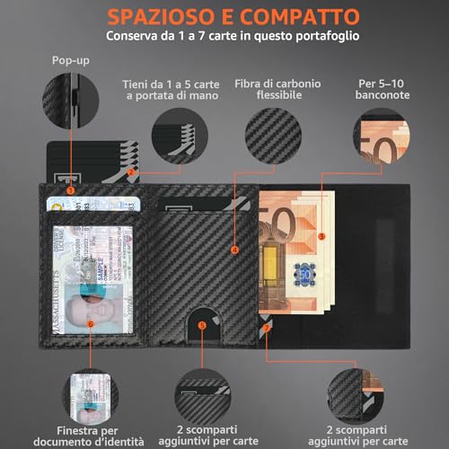 Detalle de TEEHON Portafoglio Uomo Slim RFID Blocking con finestra ID, fibra di carbonio e zip - Grigio Classico