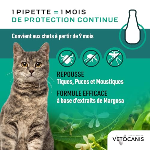 Detalle de Vetocanis Pipettes Anti-Puces Chat 9 Mois + Pack Eco x4 – Repousse puces, tiques et moustiques