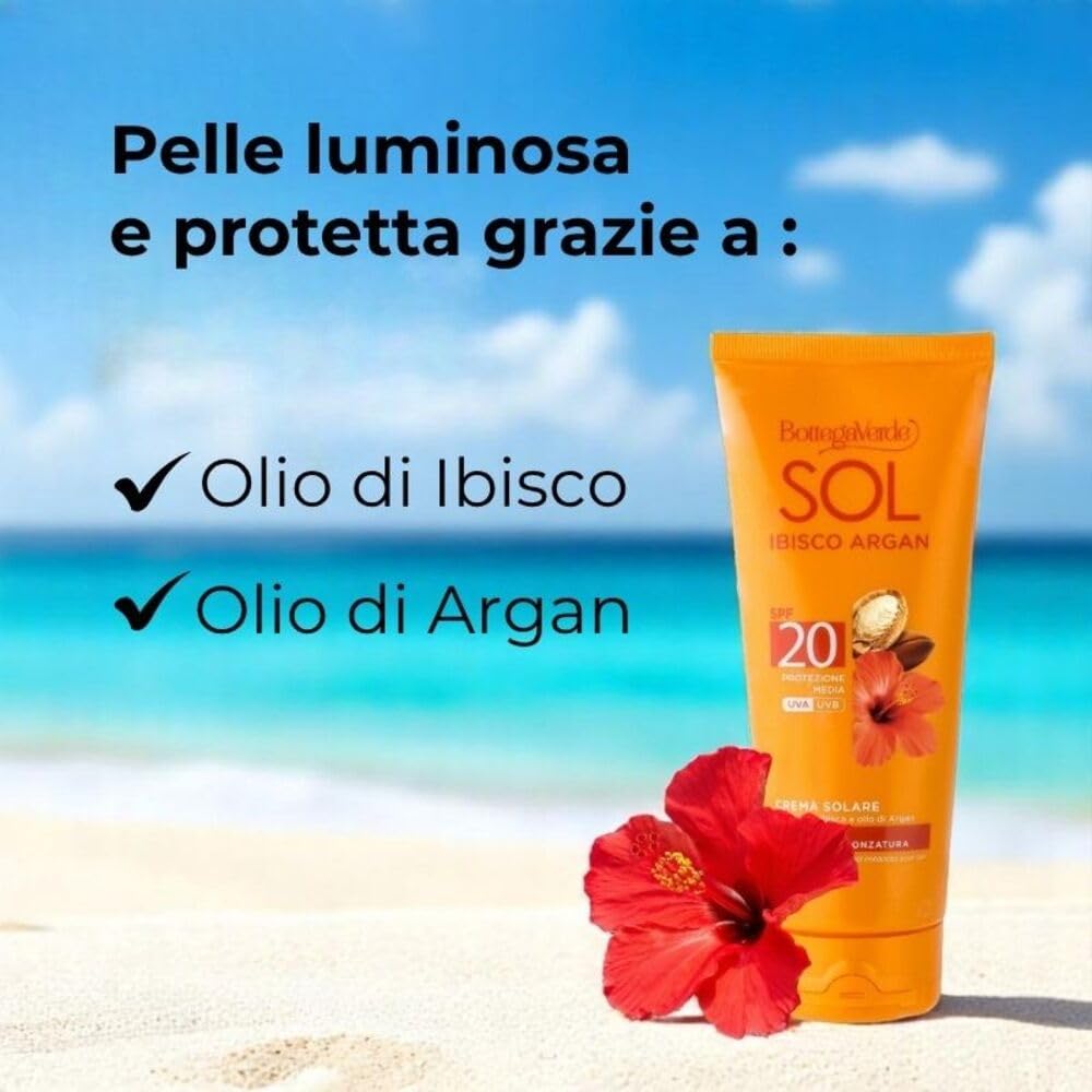 Detalle de Bottega Verde SOL Ibisco Argan Crema Solare Corpo SPF 20 (200 ml) – Protezione media, idrata e valorizza l’abbronzatura