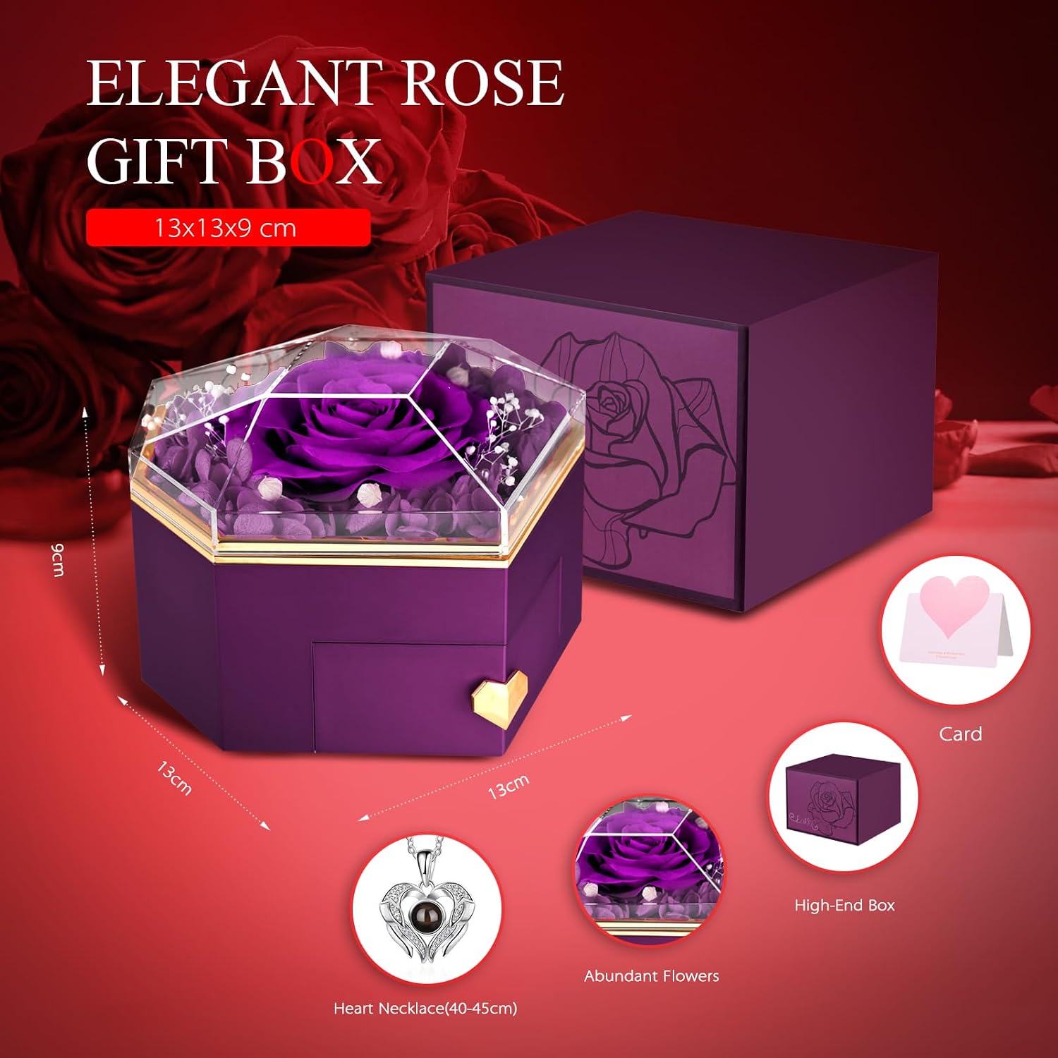 Detalle de GOICC Preserved Rose with Necklace Gifts Box for Her — Eternal Purple Rose and Angel Wing Necklace