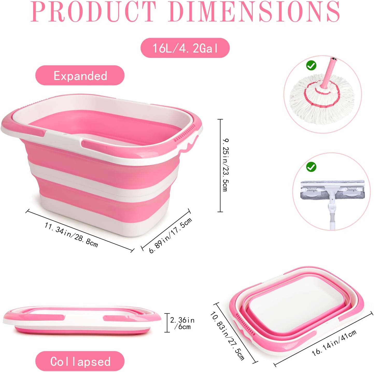 Detalle de XXFLOWER 16 L Collapsible Cleaning Bucket, Pink and White, Space-Saving Design