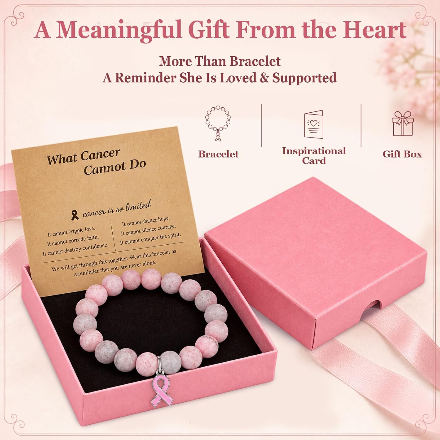 Detalle de Pink Ribbon Awareness Bracelet, Natural Stone Beads