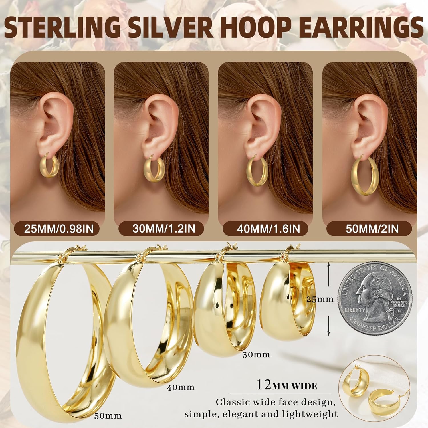 Detalle de Senteria 12mm Wide Thick Hoop Earrings (925 Sterling Silver, 14K Gold Plated) — Hypoallergenic Chunky Hoops