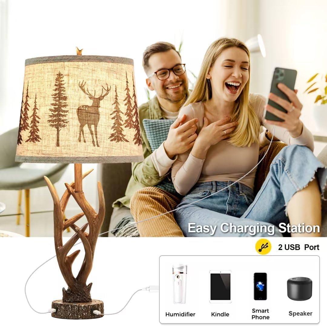 Detalle de Dungoo DG-Deer3-GRY 26" Rustic Antler Table Lamp Set with Touch Dimming and USB