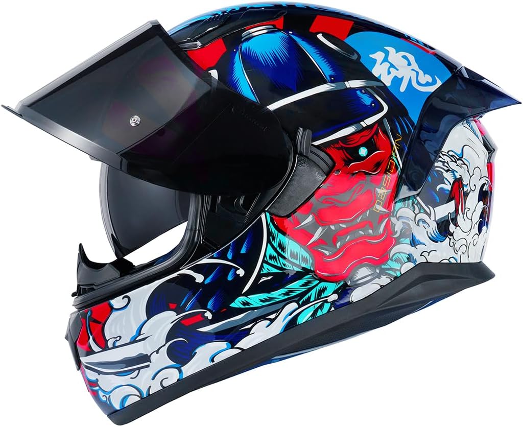 Thumbnail 3 de HAX Obsidian Full Face Dual Visor Helmet for Motorcycle – DOT Approved, Samurai Red L