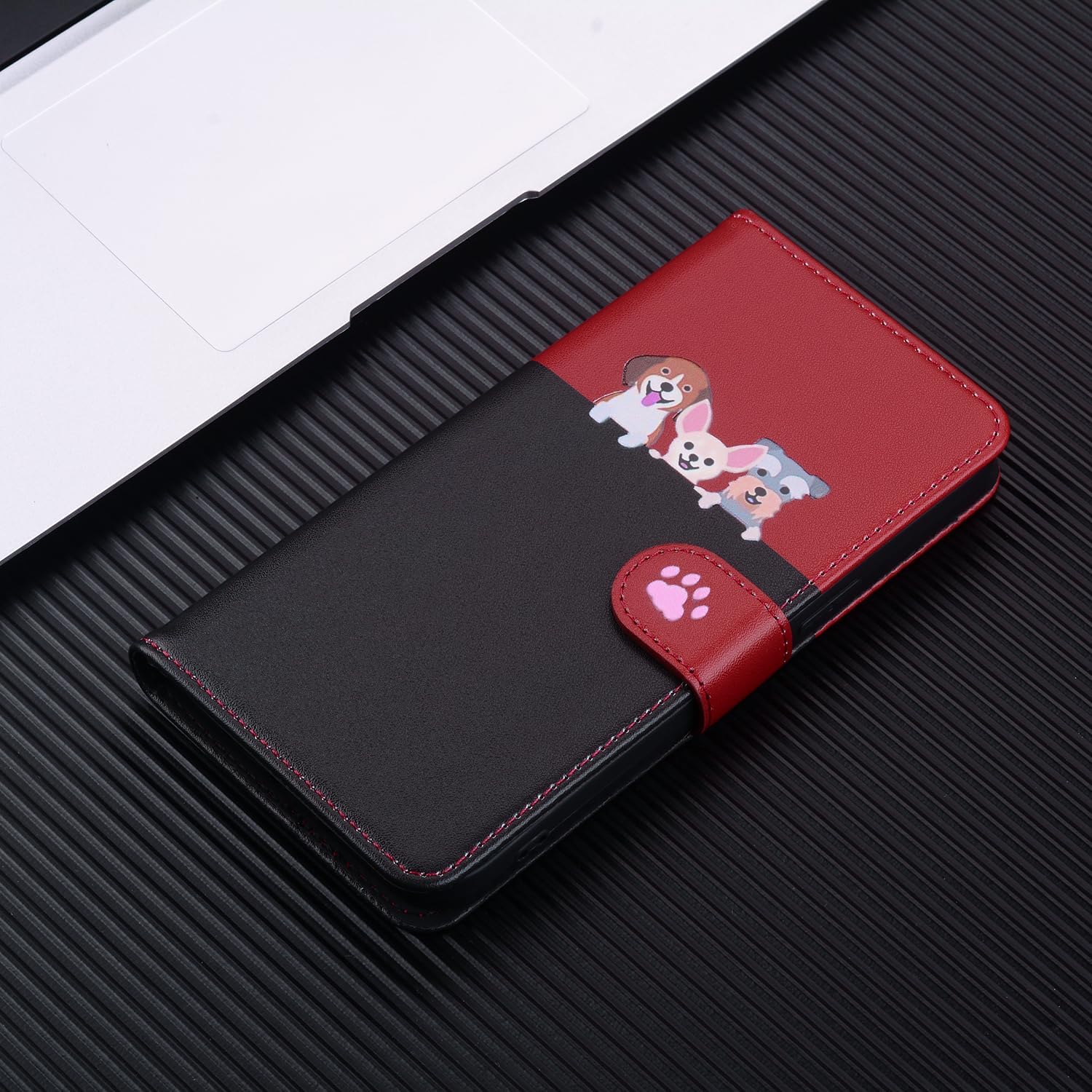 Thumbnail 1 de Tiyoo Lovely & Cute Flip Wallet Case for iPhone 12 Pro Max – Cartoon Cat & Dog Pattern (Black Red)