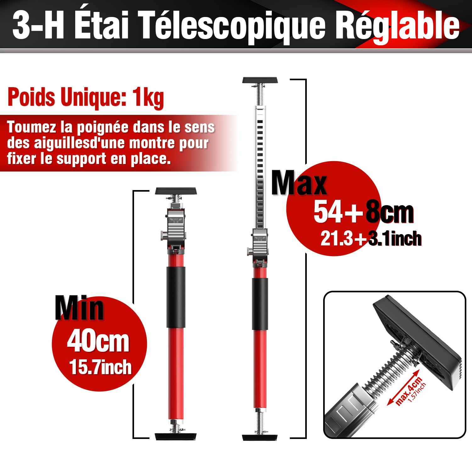 Detalle 2 de 3-H étai télescopique réglable 40–62 cm en acier (charge max 50 kg)