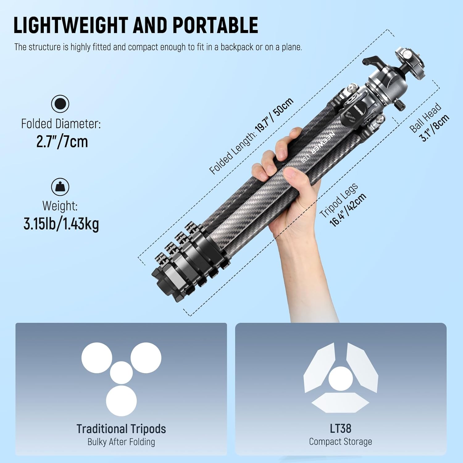 Thumbnail 1 de NEEWER LITETRIP LT38 61" carbon fibre travel tripod with 360° pan tilt ball head