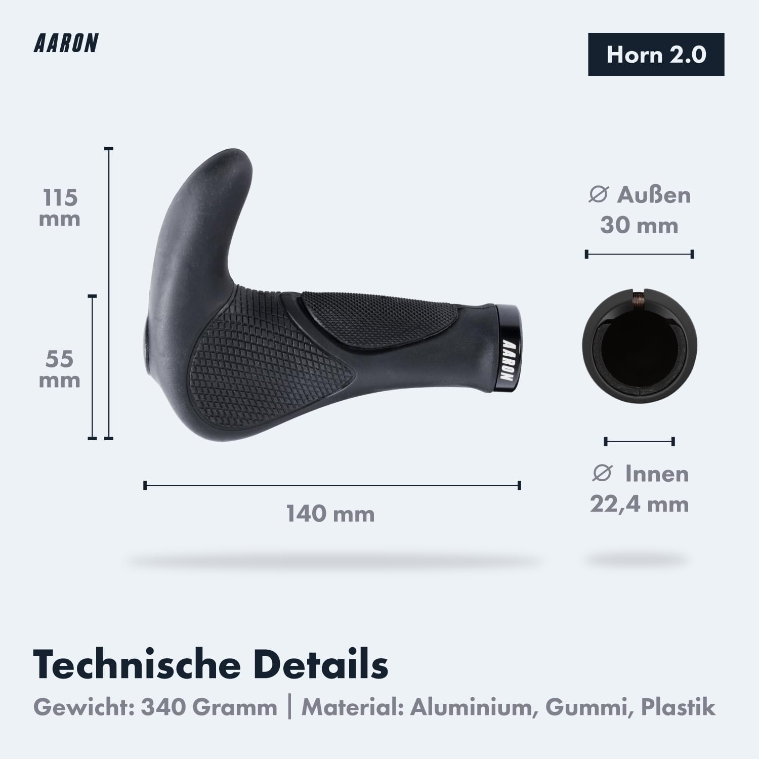 Thumbnail 2 de AARON Horn Lenker Griffe mit Gel-Dämpfung (ergonomische Lenkerhörnchen) aus rutschfestem Gummi, schwarz