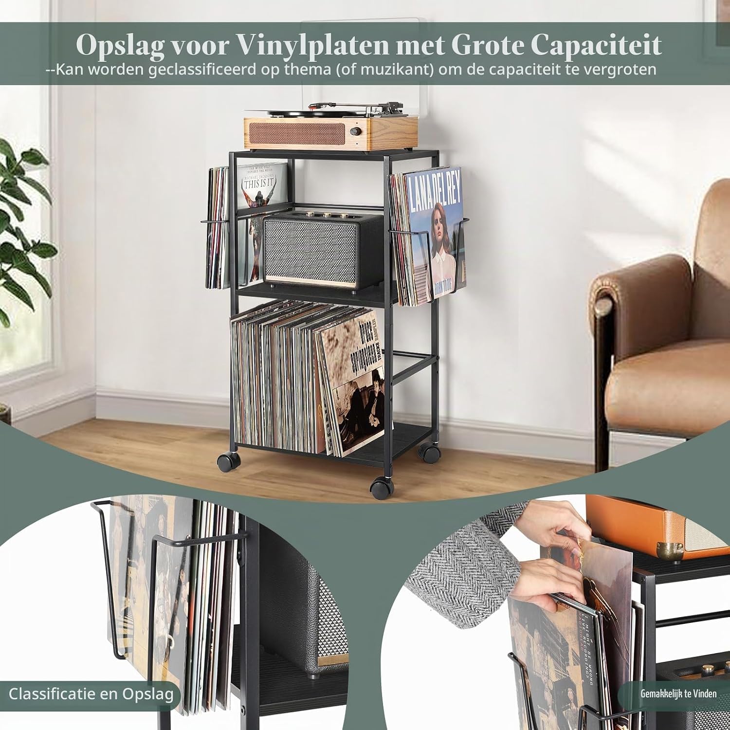 Thumbnail 1 de Bikoney platenspelermeubel voor vinylplaten, zwart hout-metaal, 3 niveaus
