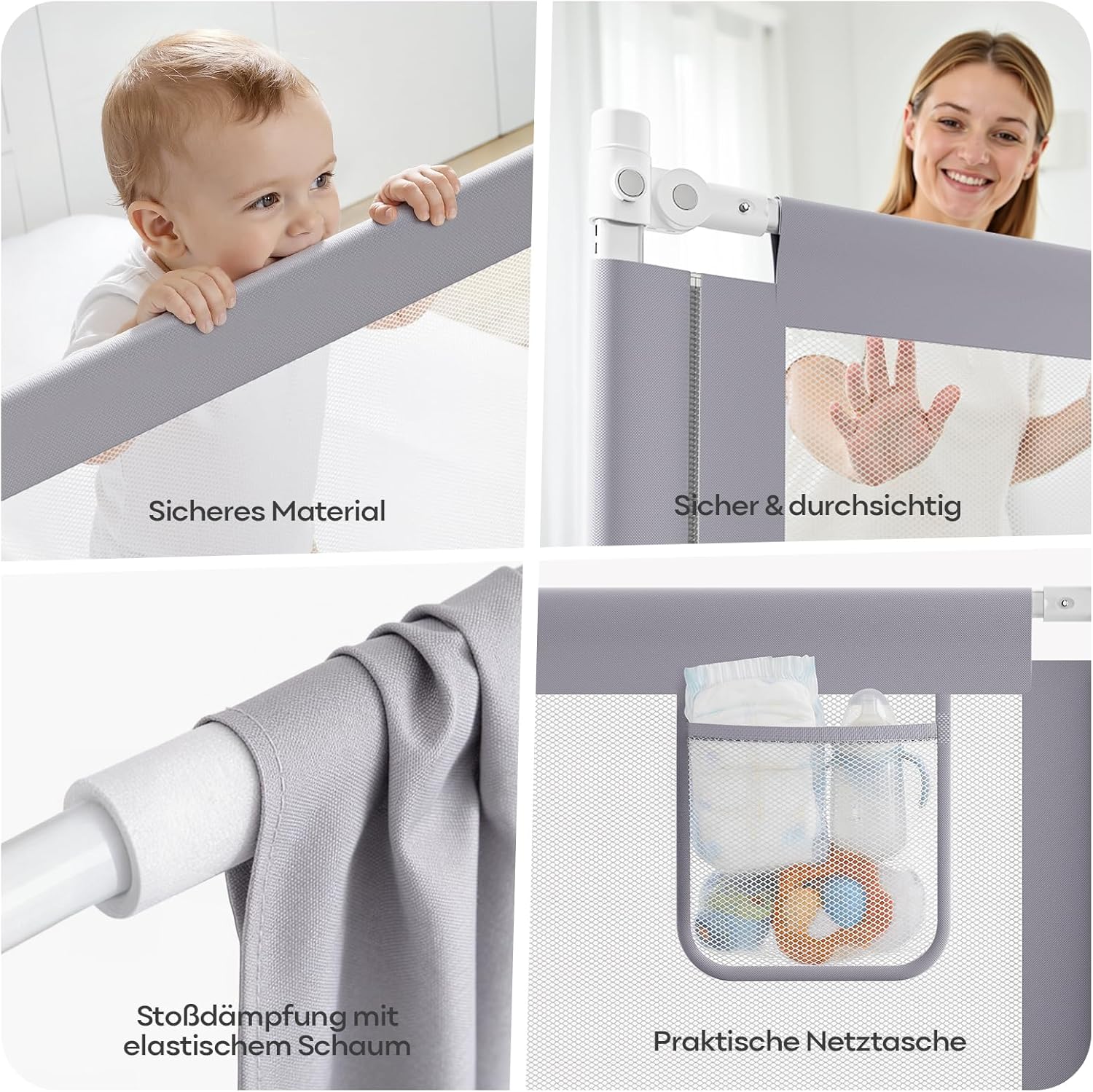 Thumbnail 4 de Lertantri Bettschutzgitter Hellgrau 180 cm – höhenverstellbar mit Befestigungsgurten, werkzeuglose Montage (1 Stück)
