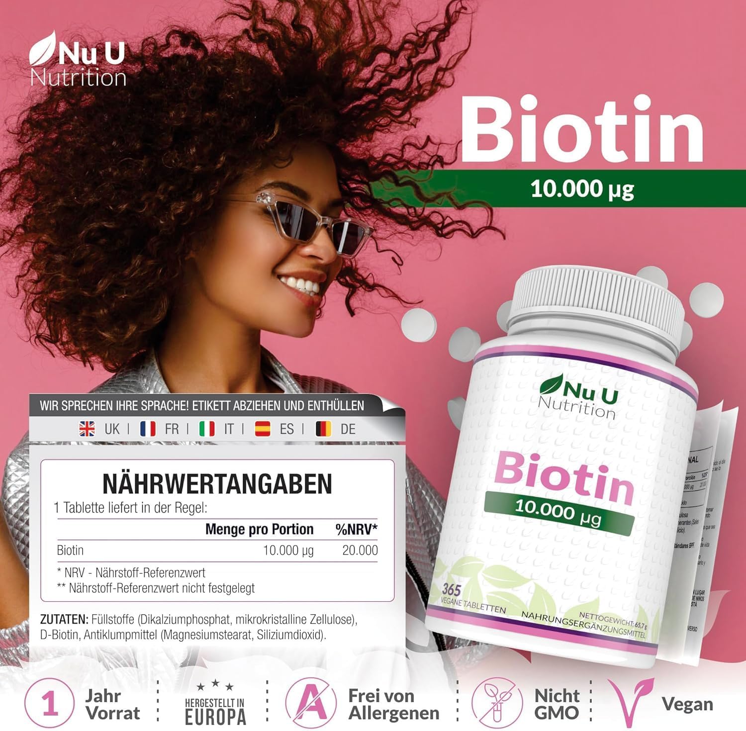 Detalle 2 de Nu U Nutrition Biotin 10.000 mcg, 365 Tabletten 💊