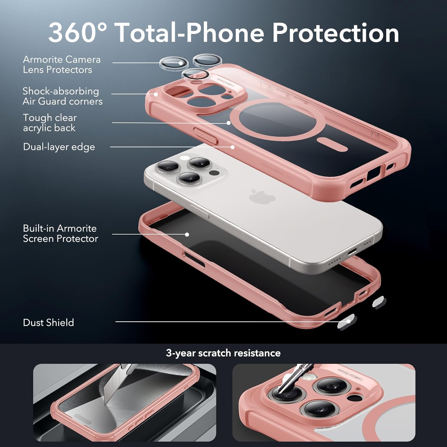 Thumbnail 3 de ESR Armor Series iPhone 15 Case with MagSafe + Built-in 9H+ Screen Protector (Clear Pink)