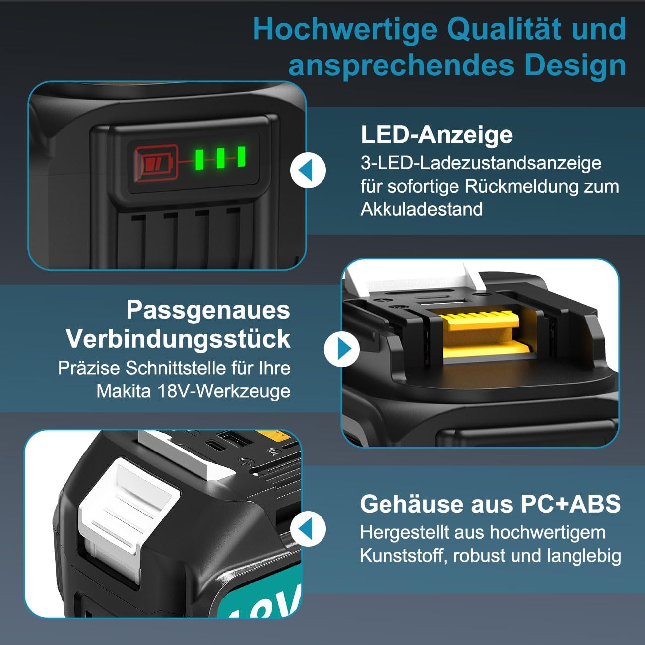 Thumbnail 4 de 4er-Set 6,0 Ah Ersatzakku für Makita 18V mit LED-Anzeige, USB-Ausgängen und umfassendem Schutz