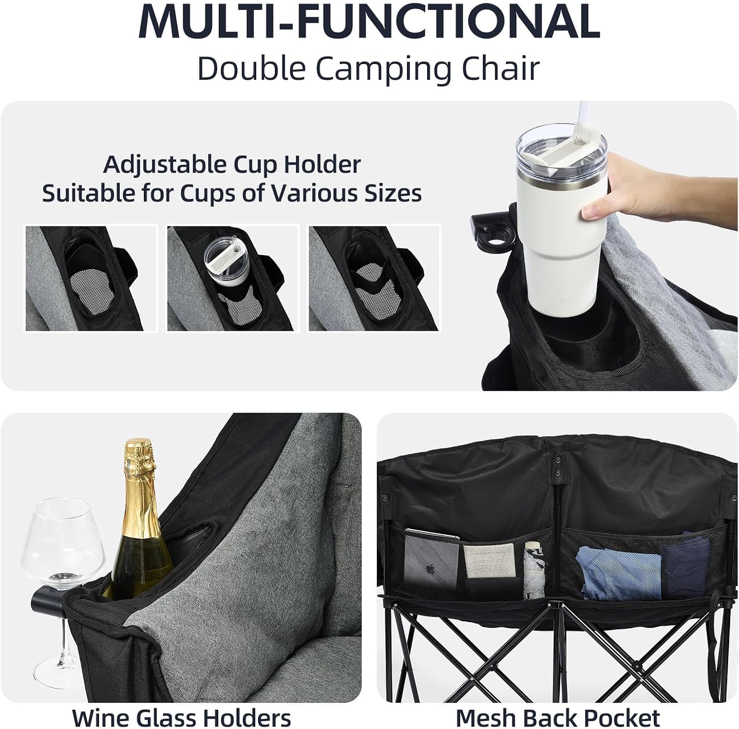 Thumbnail 3 de PUVASIA PW-224H1-Black Double Camping Loveseat, Padded and Foldable