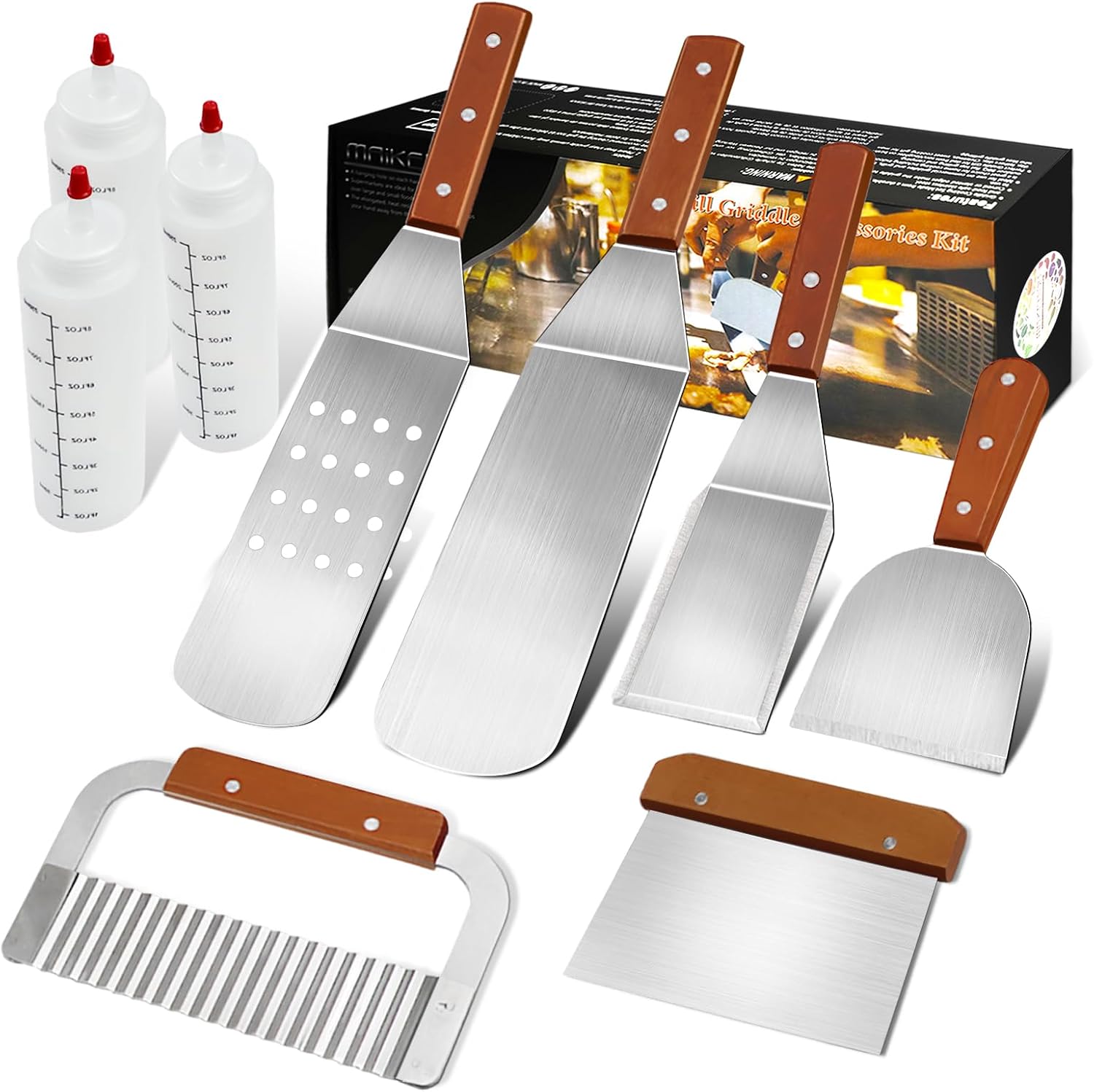 MAIKEHIGH lot 9 ustensiles pour plaque Teppanyaki : spatules inox, grattoirs et bouteilles à condiments