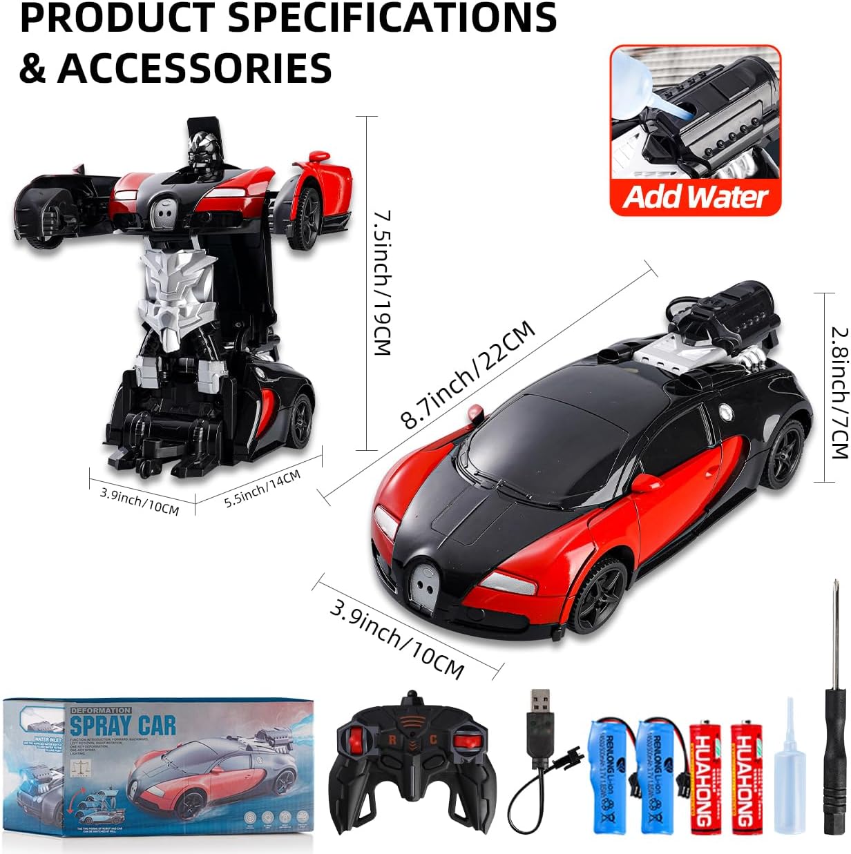Thumbnail 6 de Daioller Ferngesteuertes Auto für Kinder – Umwandlung in Roboter, 360°-Rotation, Sprühnebel und LED-Licht