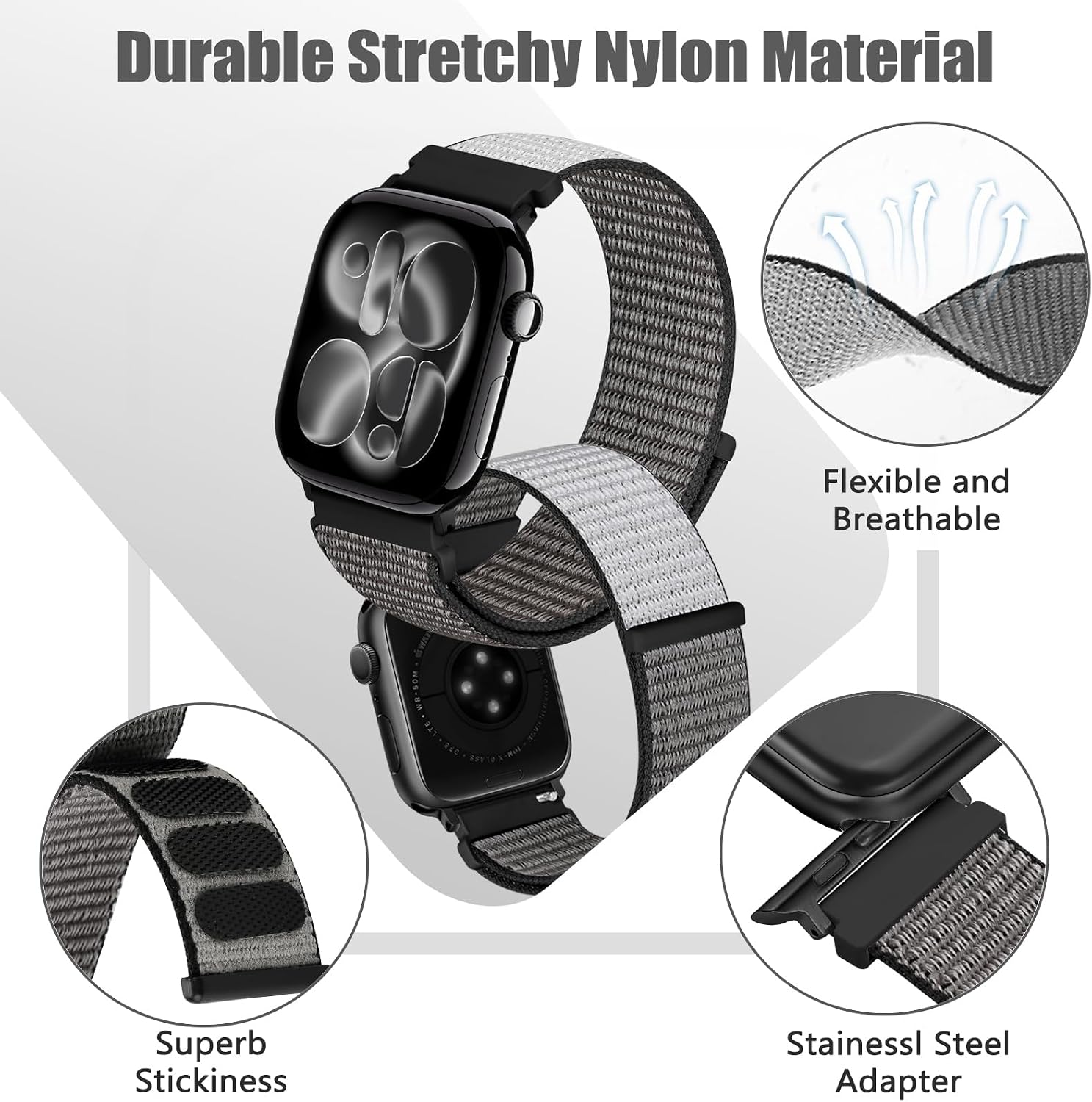 Detalle de Runostrich Nylon Sport Strap (Solo Loop) for Apple Watch 49mm–38mm – Adjustable 2 Pack
