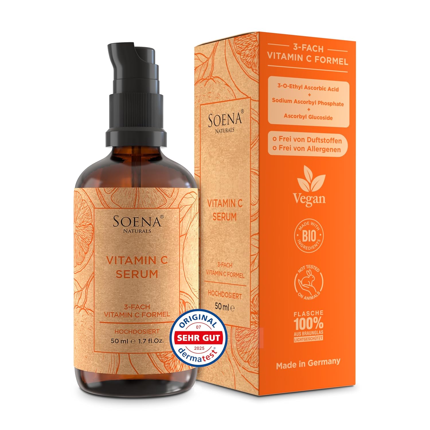 Detalle de Soena Bio-Vitamin C Serum hochdosiert mit Hyaluron-Komplex (vegan) für das Gesicht