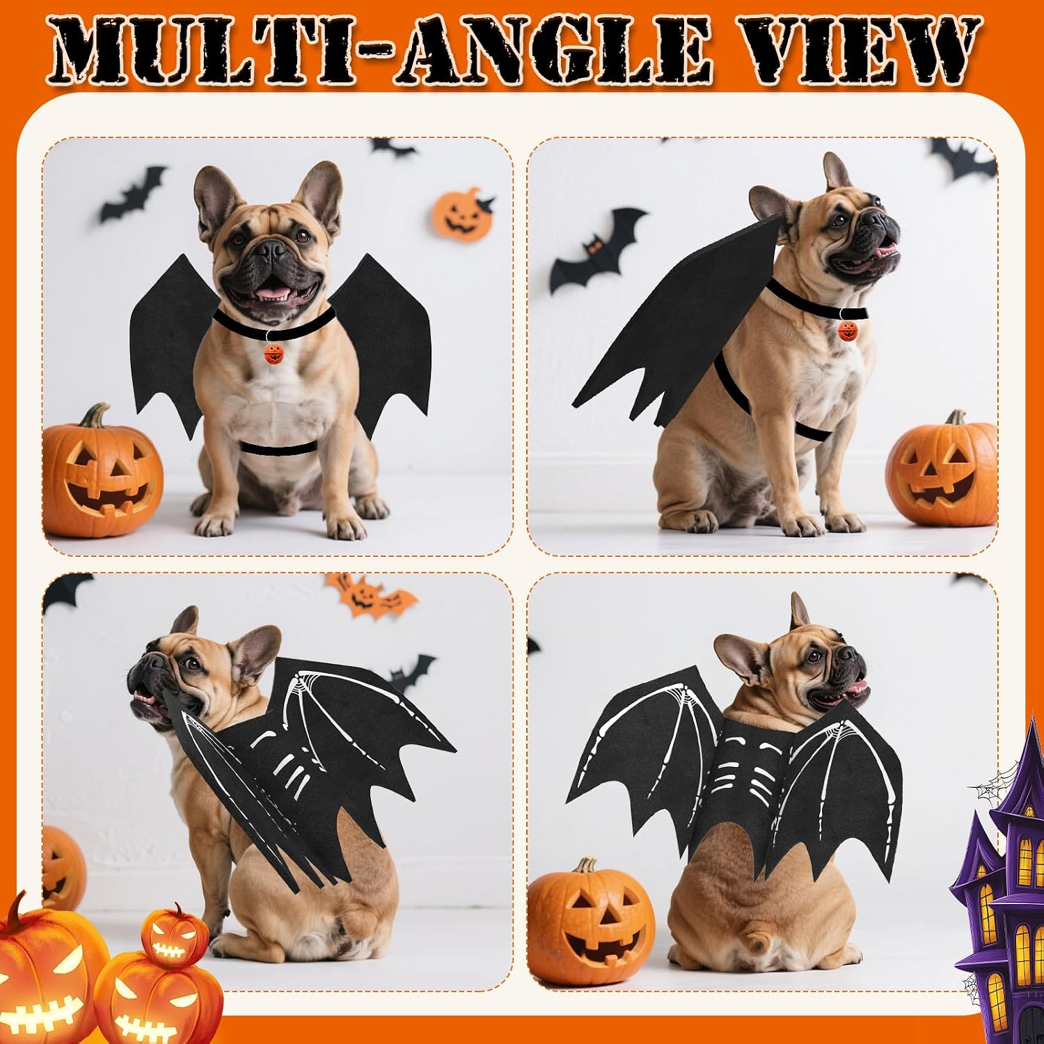 Detalle 2 de OLANRUN OL-Halloween-Dog Small Dog Bat Costume with Skeleton Print and Pumpkin Bell