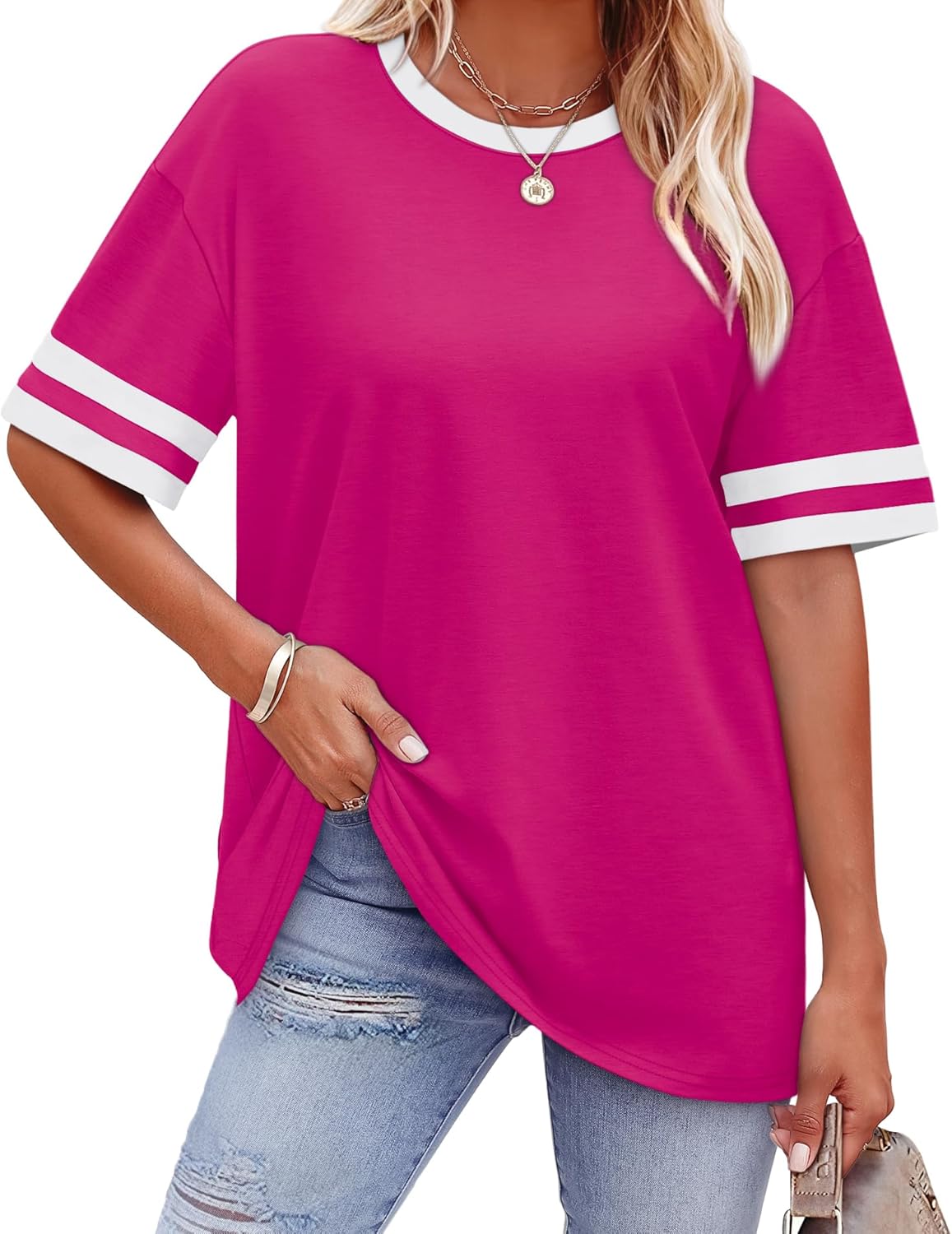 Thumbnail 6 de WIHOLL Women’s Loose Fit Color Block Crew Neck T-Shirts (Short Sleeve)