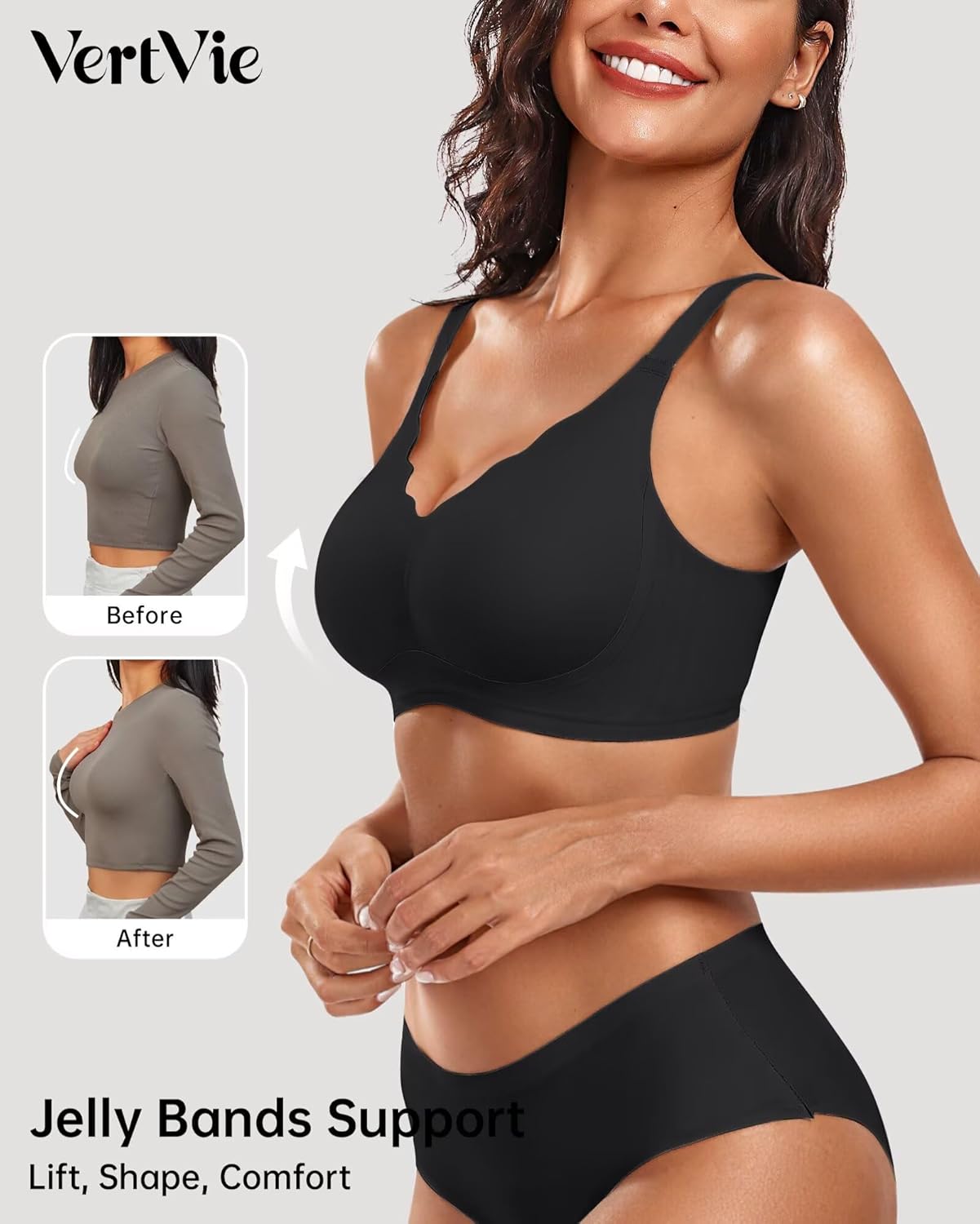 Thumbnail 1 de Vertvie Women Seamless Jelly Bras (Wirefree, Push-Up, Full Coverage) Scalloped V-Neck Bralette