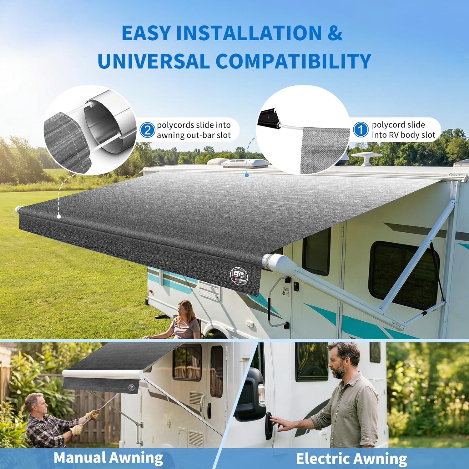 Detalle de 19.5oz Heavy Duty RV Awning Fabric Replacement — 5-Layer Rip-Stop, Waterproof & UV-Resistant, Universal Fit 18FT