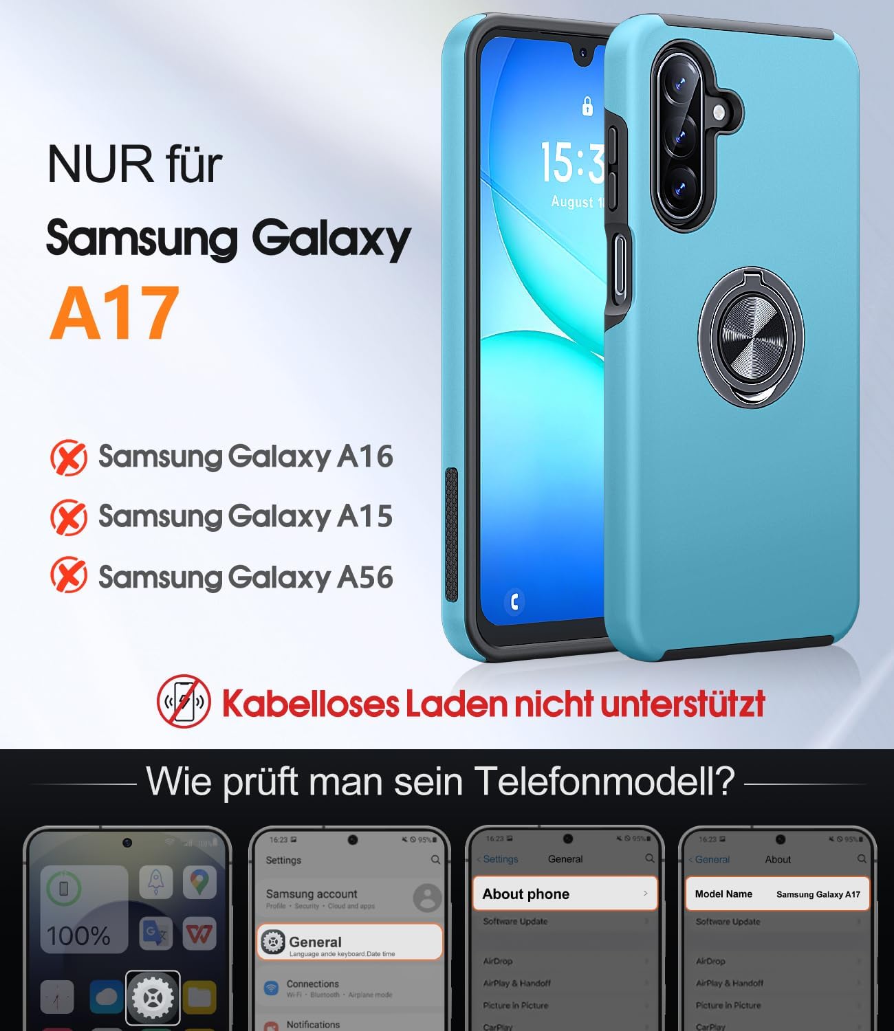Detalle de AOUIA Hülle für Samsung Galaxy A17 5G – 2 Panzerfolien, 360° Ringständer, Militärschutz, Sierra Blau