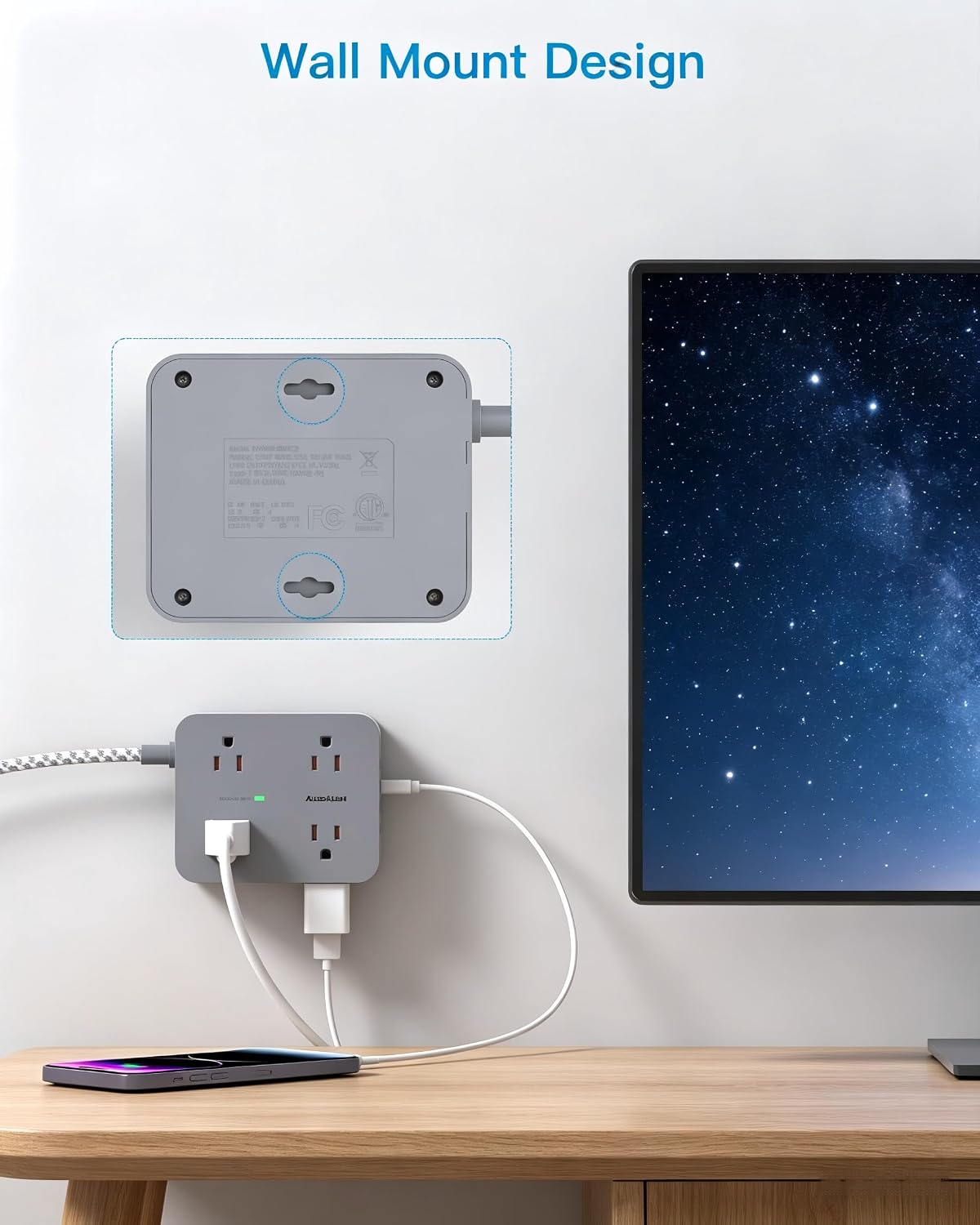 Detalle de HANYCONY HN8U5WC2 Power Strip with 8 Outlets, 4 USB Ports and Flat Plug
