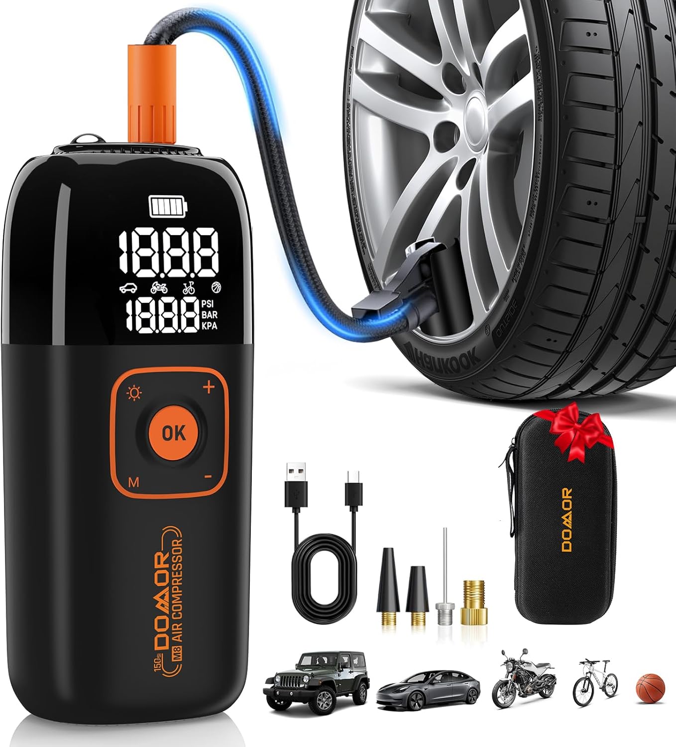 Detalle de DOMOR Cordless Tyre Inflator – 150 PSI portable electric bike pump with LCD gauge