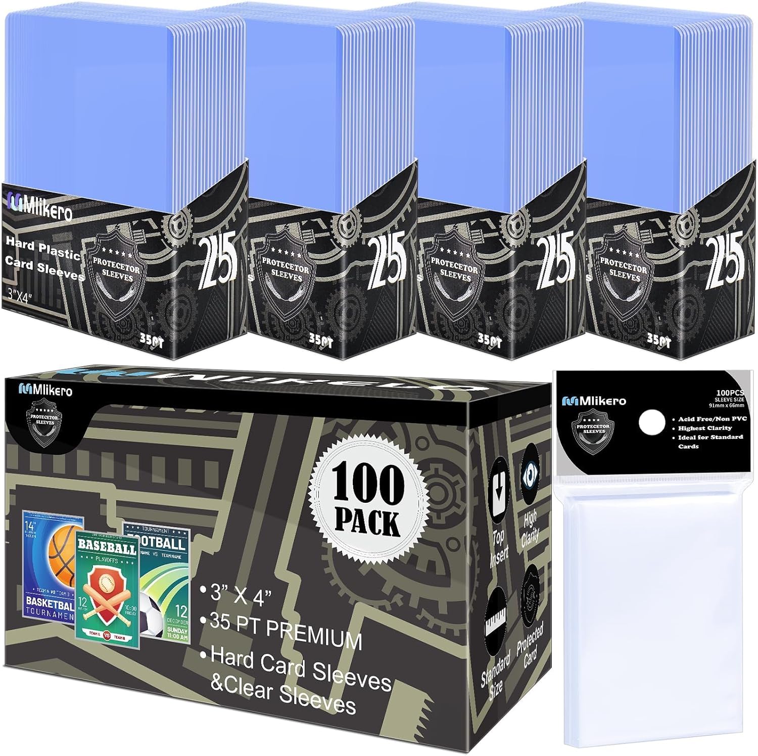 Detalle de Mlikero 200 Kartenhüllen 3"×4" Hartkartenhüllen – Set mit 100 Hartkartenhüllen und 100 transparente Kartenhüllen